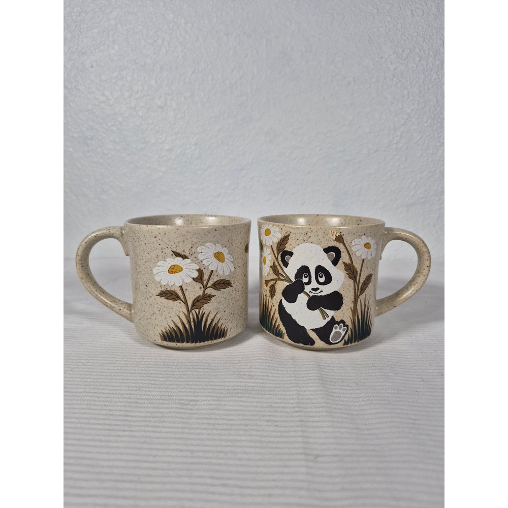 Vintage Otagiri Hand Painted Panda and Daisy Stoneware Mugs Set of 2 Japan